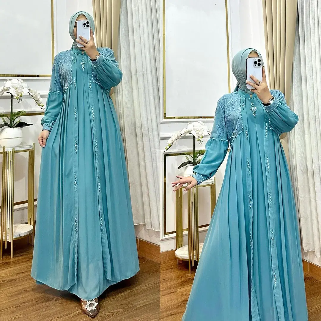 FENTA DRESS GAMIS PESTA KONDANGAN WANITA BAHAN CERUTY BABYDOLL MIX BRUKAT APLIKASI PAYET MUTIARA