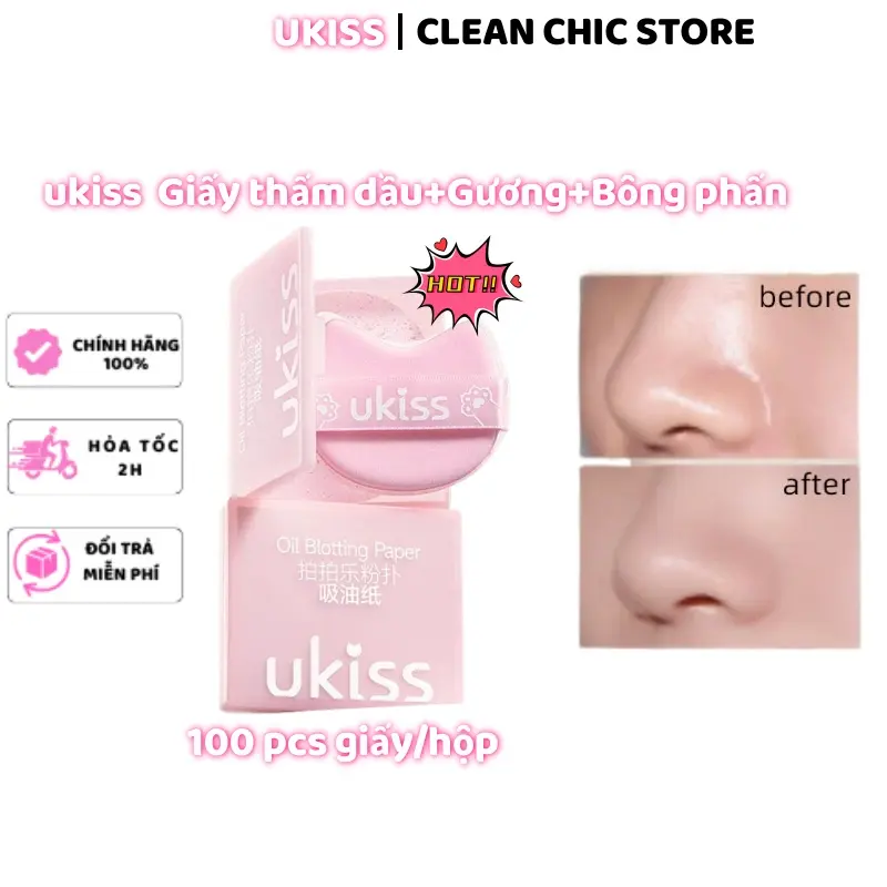 UKISS giấy thấm dầu hoa hồng hương thơm đi kèm với gương + Puff hộp di động Set (100 pcs giấy/hộp)