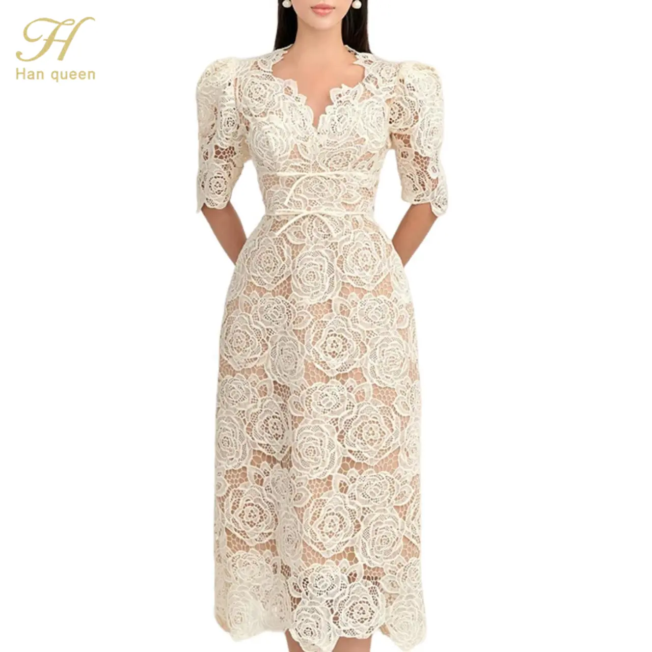 lace embroidered dress white A Line Illusion Neckline Lace Appliques Long Sleeves Romantic Wedding Dress US8 / Ivory main image 0