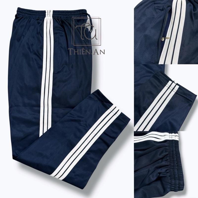 Quần thể dục nam nữ 3 sọc, Xanh Đen, size 25-100kg, Vải cào, KHÔNG CO GIÃN, ống suông. Trang phục học sinh.