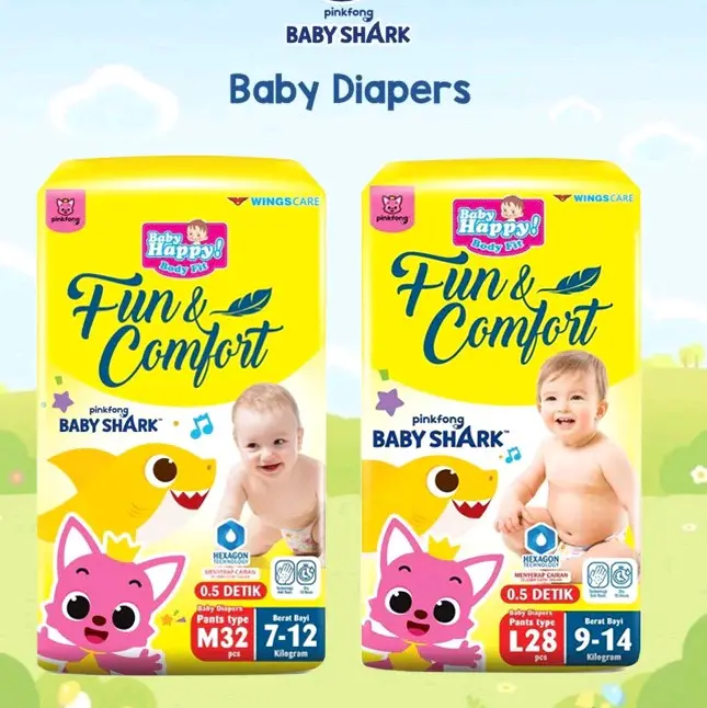 Baby Happy Pants PinkFong Baby Shark M34+2 /  L30+2 Diaper Popok Bayi