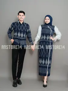 Anstore14 - Baju Tenun Couple Kinara Navy Bunga Dress Kondangan Prewedding Panjang Batik Wanita