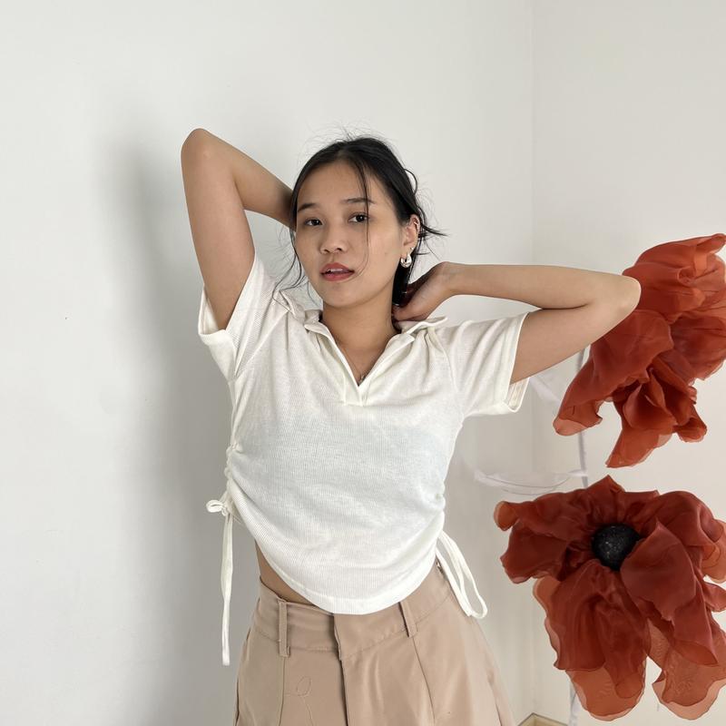 LAURA Baju Atasan Wanita - Crop Top Basic - Kaos Polo Berkerah Rib Polos - Knit Top Wangki Tali Serut 1
