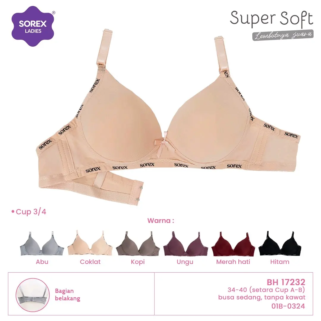 Bra Sorex 17232 Tanpa Kawat Busa Sedang Kait 2 Cup B Bh Cantik Lembut Nyaman Wanita