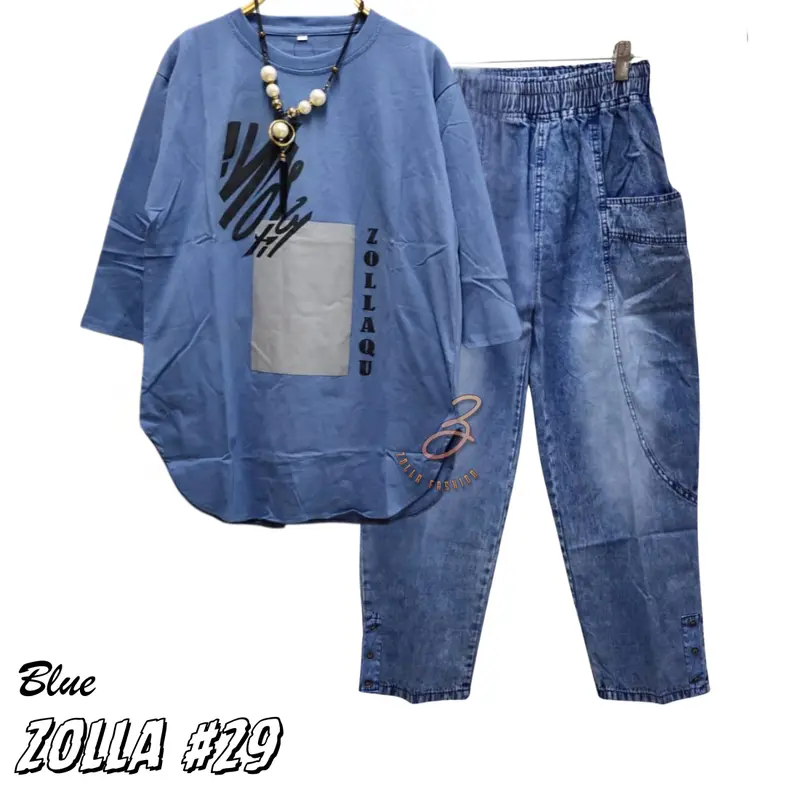 Zolla #29 Setelan wanita ukuran Jumbo Kaos Combed 24s Sablon plastisol Celana Jeans Wash HQ Bisa COD 0