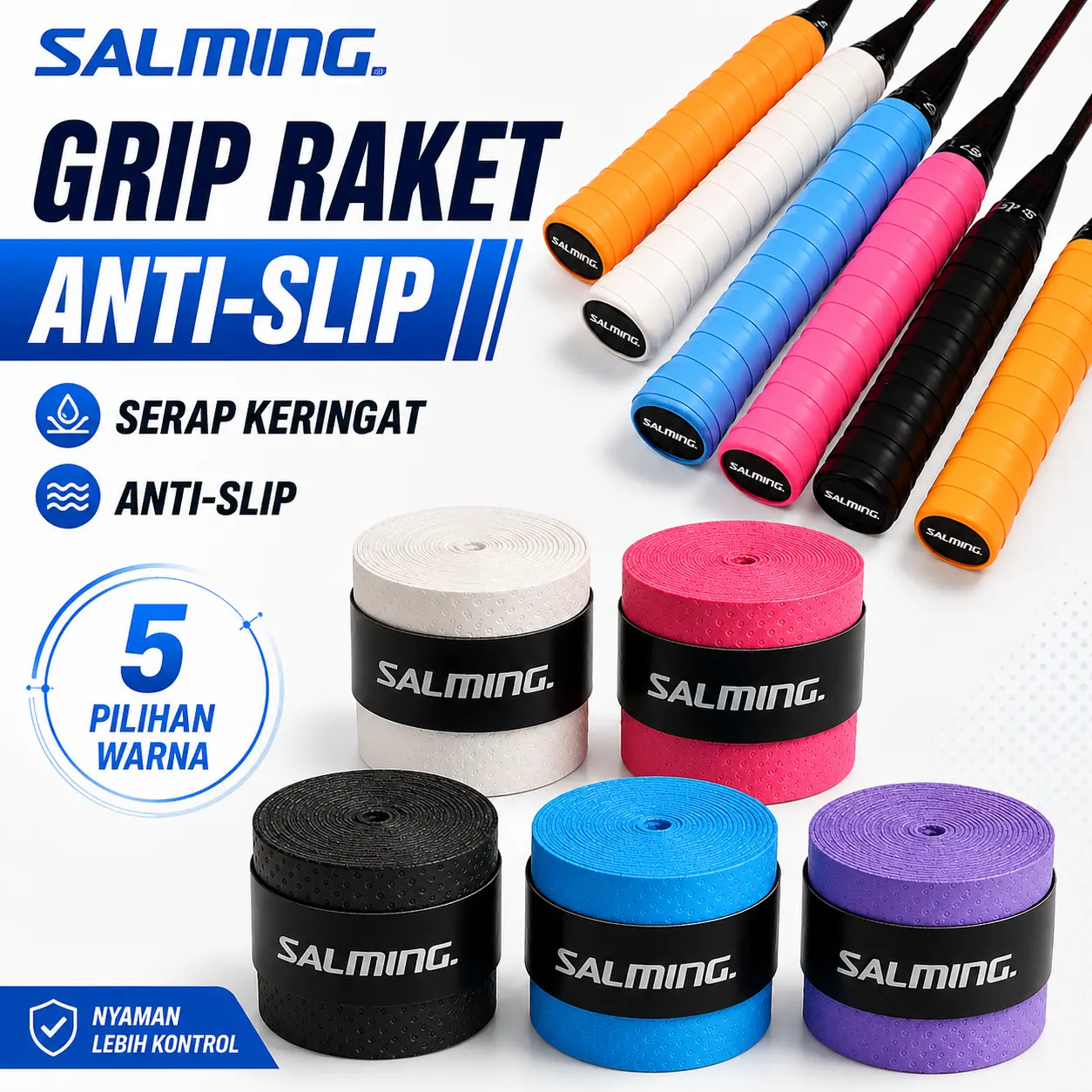 SALMING. Grip Raket Anti-Slip Overgrip Serap Keringat 5 Pilihan Warna
