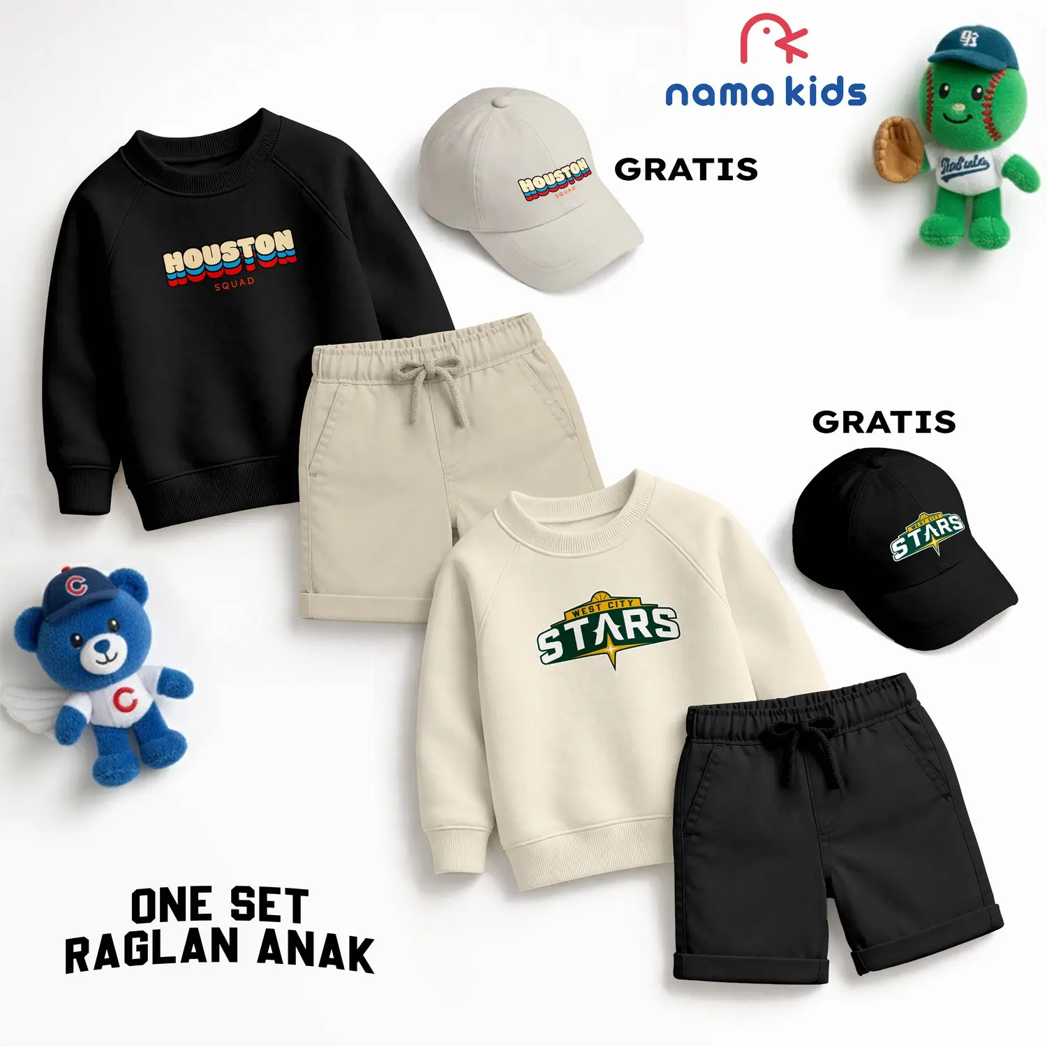 [FREE TOPI] Oneset Sweater Dan Celana Pendek Sablon Karakter Setelan Raglan Sablon Dan Celana Chinos Pendek Gratis Topi Sablon