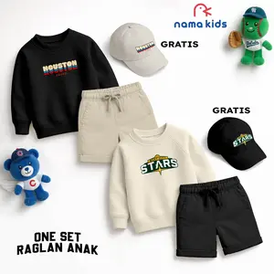 [FREE TOPI] Oneset Sweater Dan Celana Pendek Sablon Karakter Setelan Raglan Sablon Dan Celana Chinos Pendek Gratis Topi Sablon