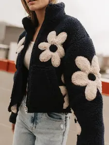 Sweater Jaket Wanita Zipper Kerah Flower Crop Sherpa Bulu Domba