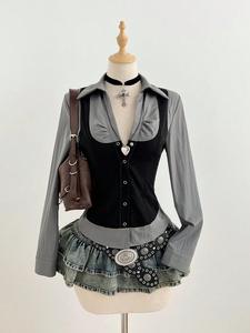 Blusa de mujer elegante con diseño patchwork y cuello en V, manga larga, ajuste entallado para verano, cierre con botones ocultos, ropa de moda para mujer