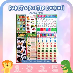 Paket 6 Poster Edukasi Anak Belajar Buah Hijaiyah Huruf Alphabet Angka Hewan Doa Karton Sekolah Stationery Motif Lengkap Ukuran 49x34cm Kertas DC 250gram Murah Meriah Edukatif Aneka Motif