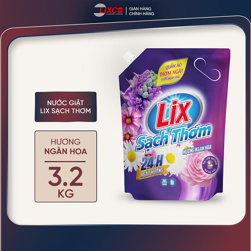  Nước giặt quần áo siêu thơm Lix sạch thơm hương ngàn hoa TÚI 3,2kg và 2,6kg sạch nhanh vết bẩn N7409 và N7402 