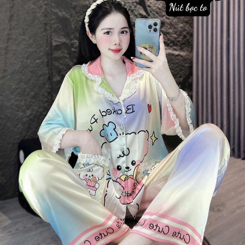 Bigsize 60-75kg Bộ Đồ Ngủ Nữ WOMEN - Mặc Nhà Ngủ - Lụa Latin Tơ Tằm - Tay Dài Quần Dài Sang Trọng Đồ Bộ Dễ Thương pijama hello kitty bộ pijama tiểu thư phối ren bộ đồ ngủ hello kitty