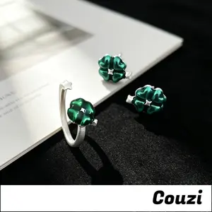 [Couzi] Anting Cincin Terbuka Bunga Hijau Set Perhiasan Wanita yang Sederhana dan Bergaya Y1134