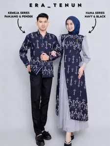 Hana Snowy Navy Couple Baju Tenun Dress & Kemeja Panjang Pria Set Couple Kondangan Tenun