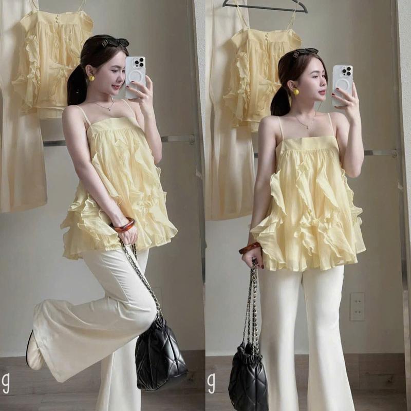  sét bộ đồ nữ áo 2 dây chất tơ viền bèo xinh xắn phối quần suông dài cho nàng dạo phố 