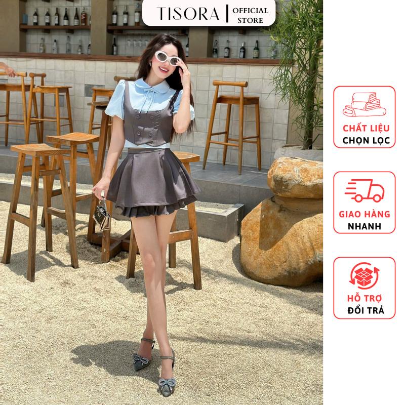 TISORA Sét đồ tiểu thư áo sơ mi cộc tay kèm cài nơ + chân váy xòe có lót quần