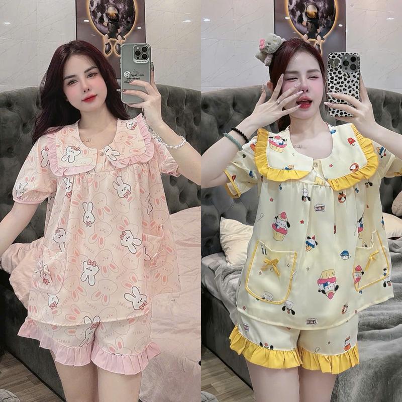 Bộ đùi lụa mango thiết kế mới dể thương , đồ bộ nữ mặc nhà thoải mái , pijama nữ lụa mịn mát , size dưới 60kg , đồ bộ pizama đùi Áo Ngủ Quần Ngủ bộ ngủ