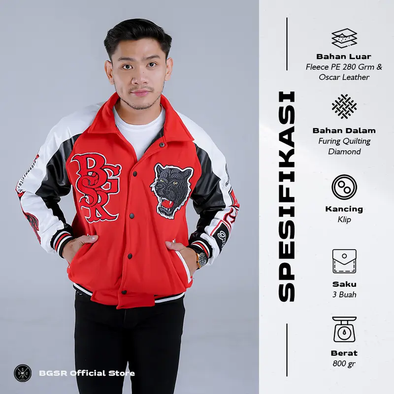Jaket Varsity Baseball Jacket Vintage Windbreaker Bordir Tebal Jaguar Premium BGSR Terbaru Pria Wanita Bomber Distro Casual Cowok Keren Fleece Sweater Hitam 3