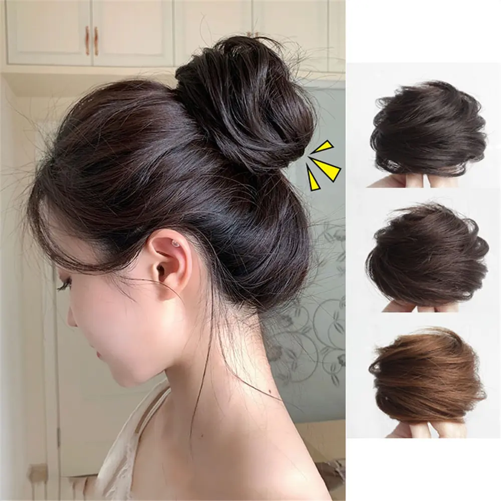 Bola sanggul elastik gebu Alamiah untuk wanita, sambungan rambut palsu palsu, besi keriting, aksesori rambut