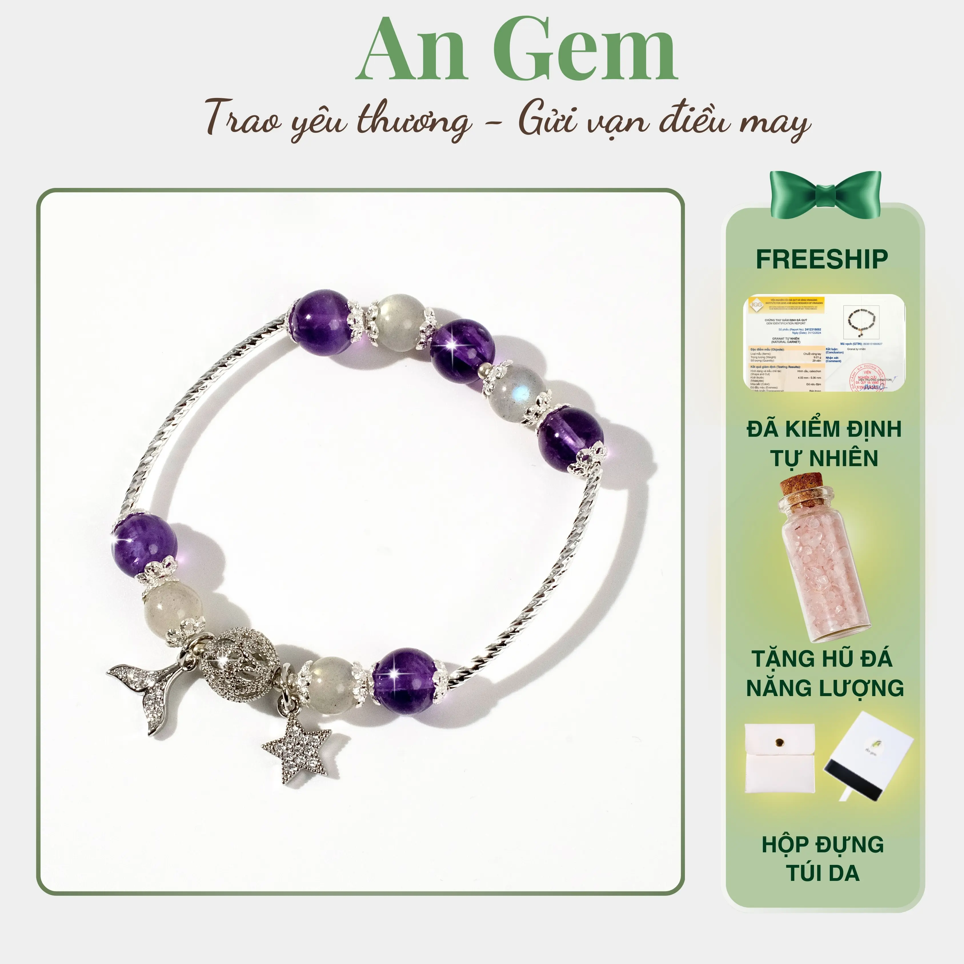 Vòng tay An gem đá xà cừ mix TA tím full charm, lắc tay nữ phong thuỷ phụ kiện đá năng lượng quà tặng sinh nhật giáng sinh Noel Tết Valentine [TẶNG HŨ ĐÁ NĂNG LƯỢNG]