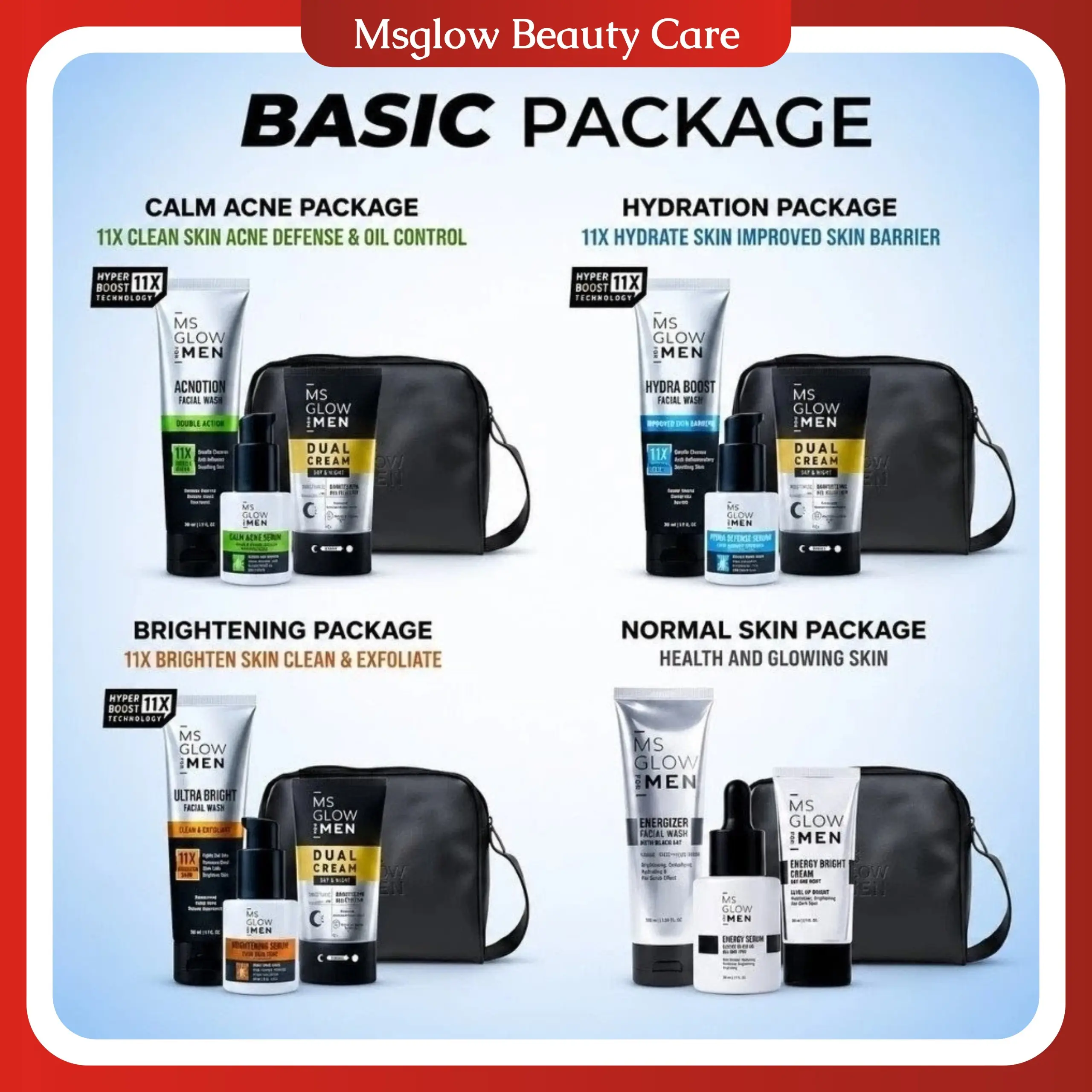 MS Glow For Men New Variant Paket Wajah Pria Membersihkan Mencerahkan Kulit Kering dengan Facial Wash Serum dan Dual Cream Gratis Pouch
