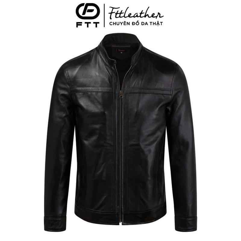 Áo da nam cổ trụ, áo da thật cao cấp Fttleather Racer Jacket Da Bò Viền Ngang Ngực AD204
