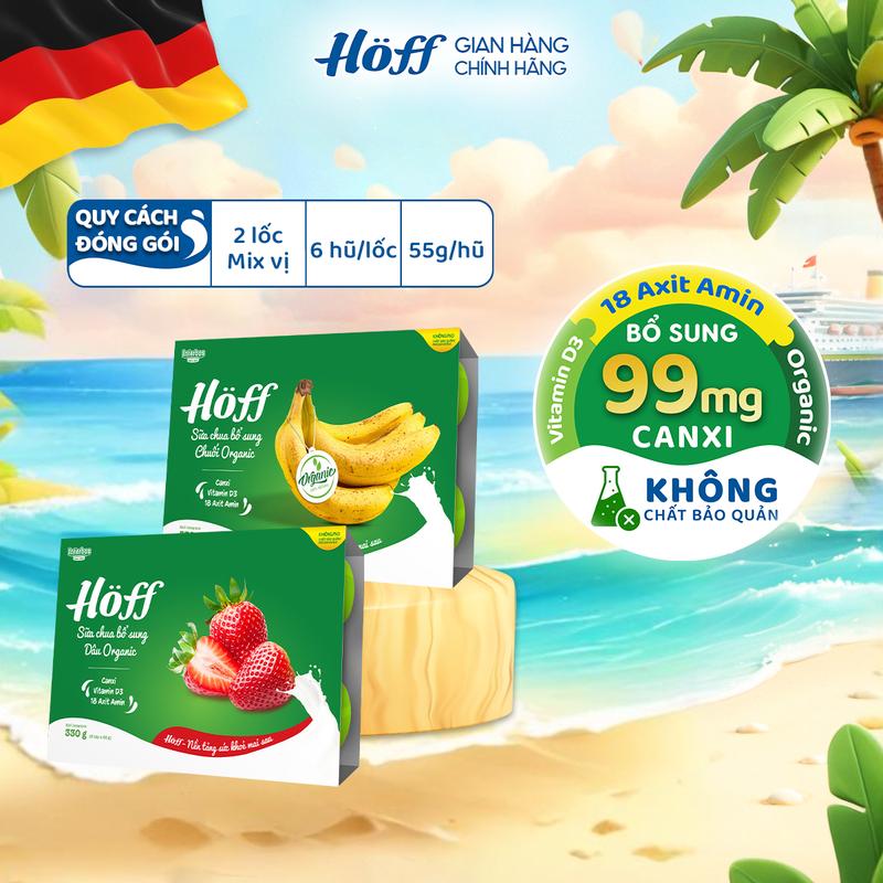 Sữa chua cho bé ăn dặm mix vị Hoff bổ sung Chuối organic, Dâu organic bổ sung dinh dưỡng canxi axit amin vitamin D3 men vi sinh hỗ trợ hệ tiêu hóa hỗ trợ phát triển chiều cao 2 lốc (12 hộp x 55g)