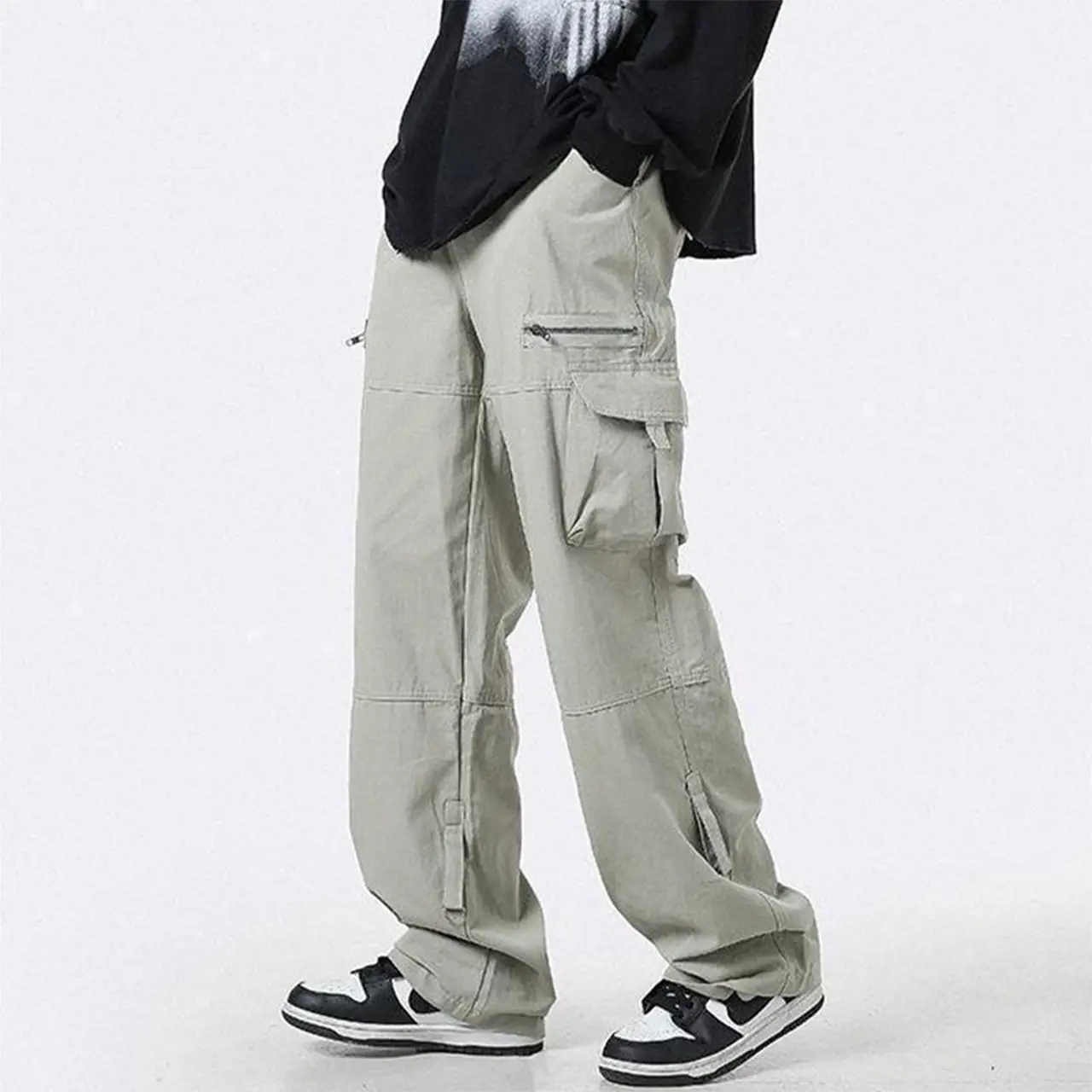 Light Green Multi-Pocket Cargo Pants Men's Autumn Japanese Trendy Straight Loose Casual Pants Niche Zipper Mop Pants