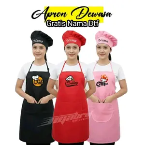 Apron Set Topi Chef Dewasa Sablon DTF Nama Celemek Dewasa Tali Apron Pink Merah