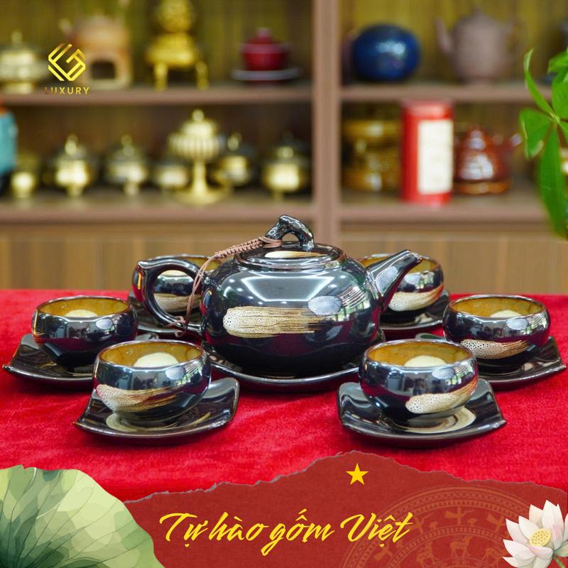  Bộ Ấm Chén Quả Hồng Nâu Xước Nghệ Nhân Nguyễn Thị Hoa - Ấm Chén Bát Tràng - Gốm Sứ Luxury 