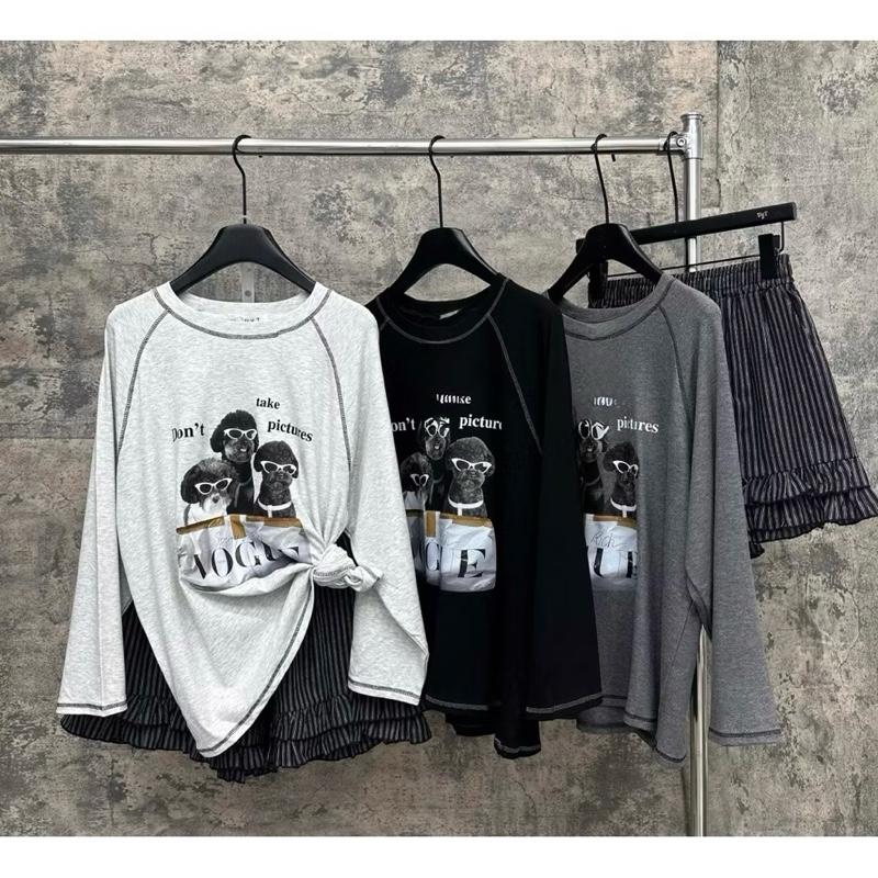 Set áo dài tay in 3 chú cún đeo kính phối quần kẻ sọc BIGSIZE