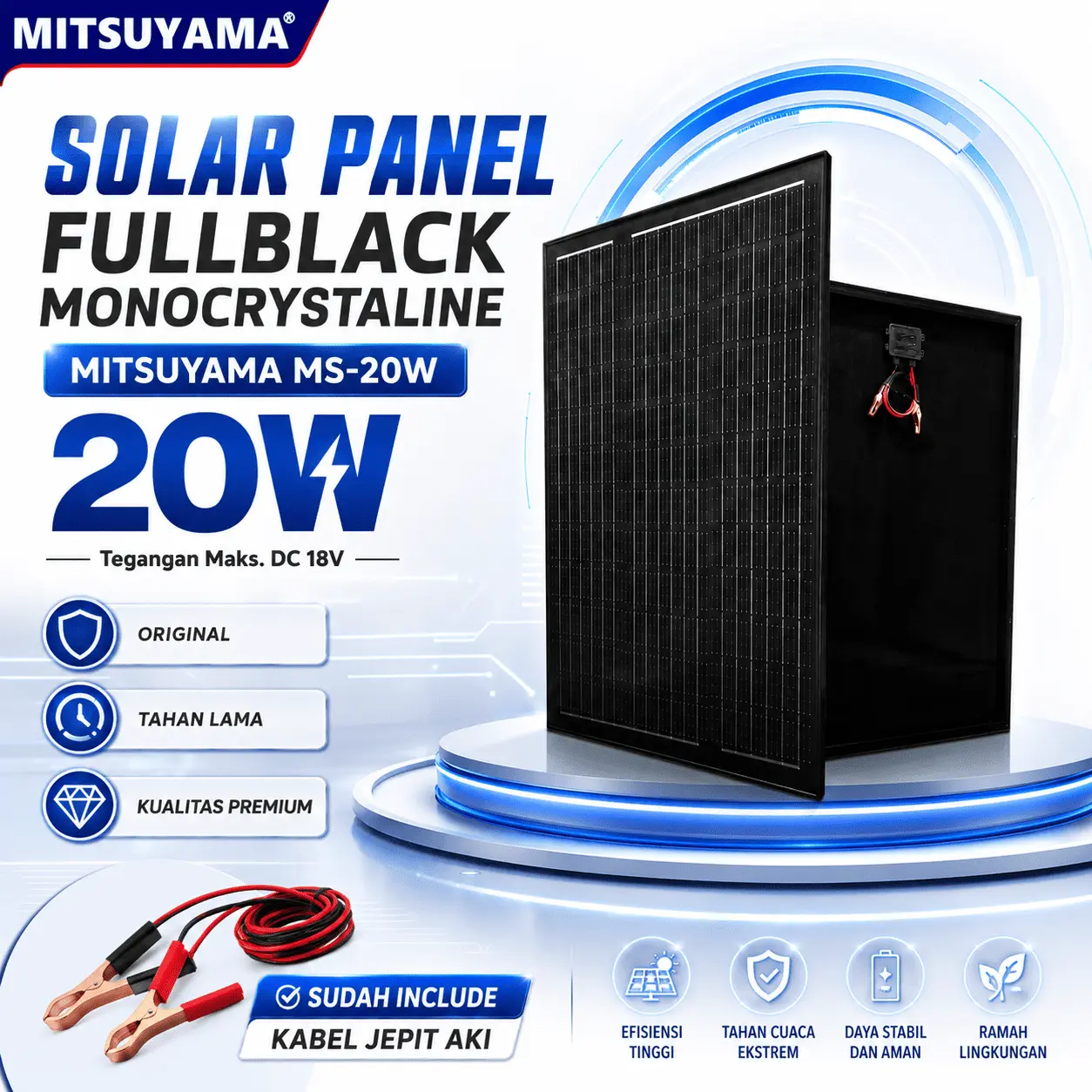 Solar Panel Surya 20W Monocrystaline Full Black Mitsuyama Mono Solar Cell 20 Watt Panel Tenaga Surya