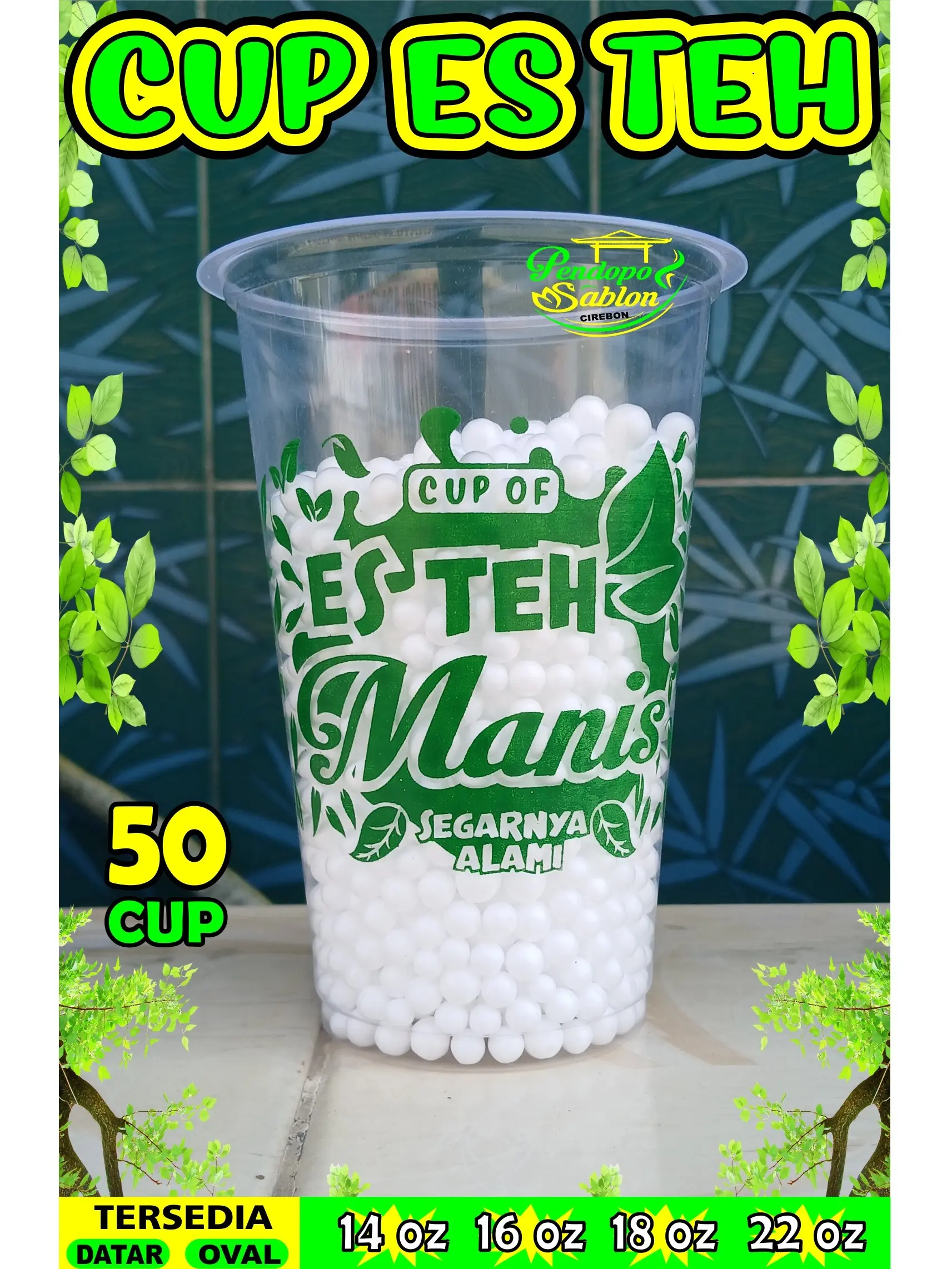 gelas cup plastik MOTIF ES TEH 14oz 16oz 18oz 22oz oval datar/ cup teh / sedotan boba bubble / tapioka pearl / bobatee / bubuk minuman boba / gelas teh poci / thaitea / cup teh poci  / cup of tea Sekali pakai Hijau