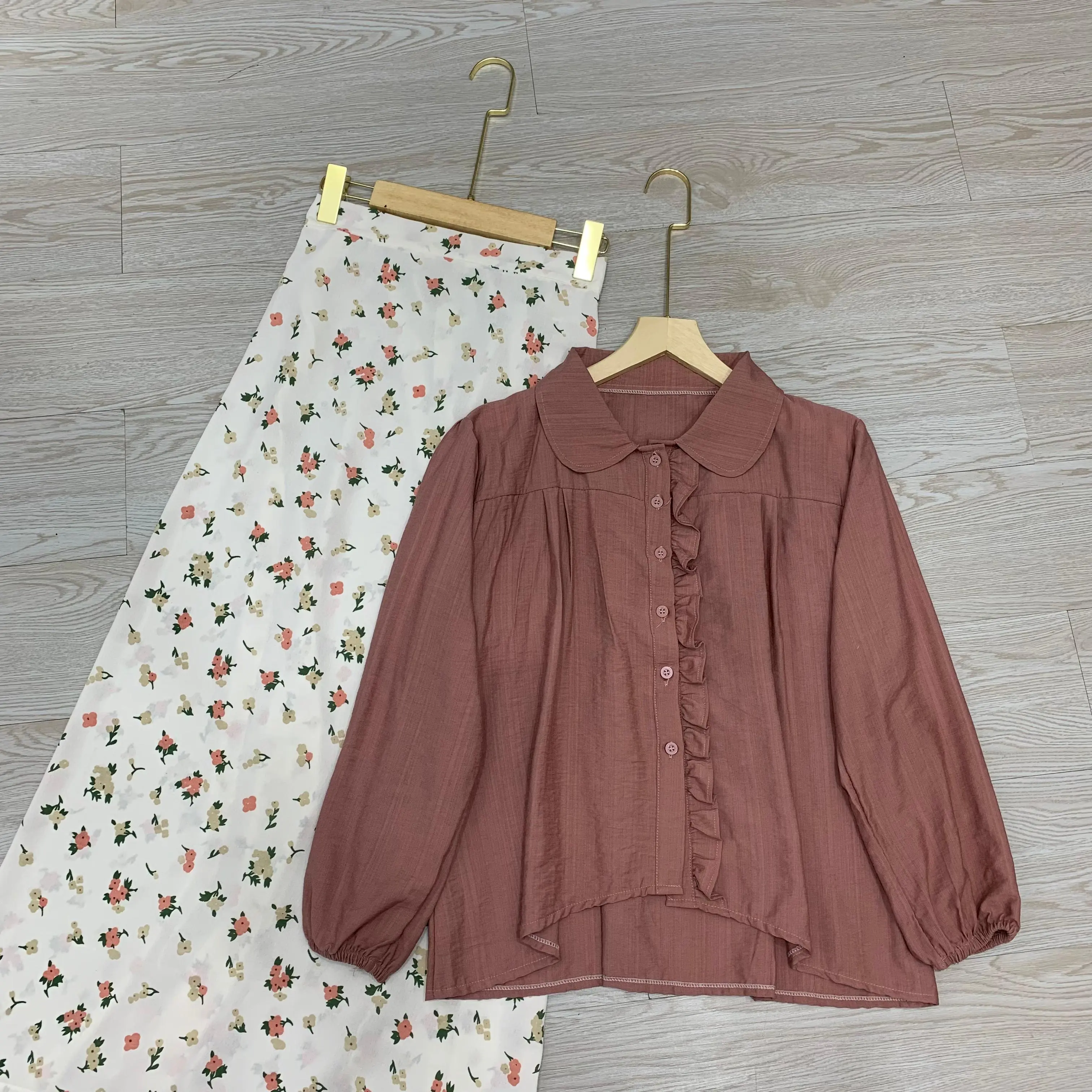 KONVEKSI.ID - Setelan Wanita Kemeja Polo Linen Ld 110 + Rok Panjang A-Line Motif Flora Pattern Skirt size Standar / Baju Dewasa Casual Outfit Daily