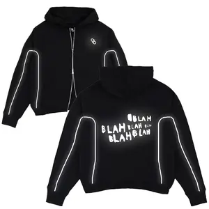 Hoodie Boxy Double Zipper Oversize List Menyala Sablon Reflective Blahblah Hitam