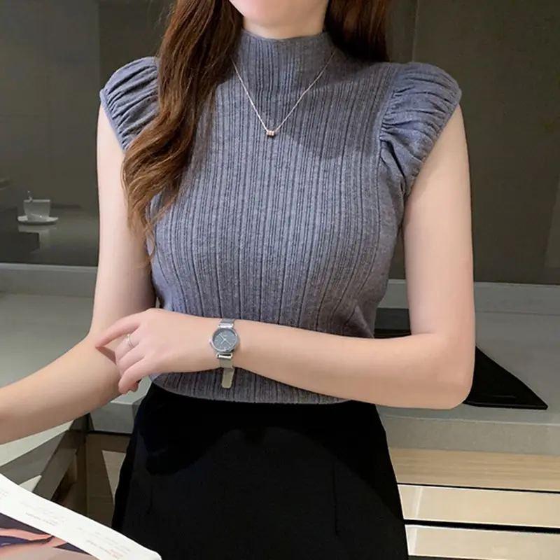 Áo Lót Dệt Kim Không Tay Cho Nữ, Áo Phong Cách Hàn Quốc Đơn Giản, Màu Trơn, Cổ Giả, Dáng Ôm, Đa Năng, Cỡ Trung Bình Women Top