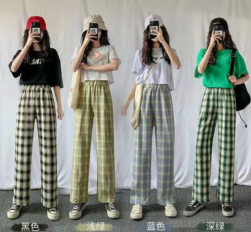 8 Colors Checkered Pants for Women, Casual Wide-Leg Straight Pants, Versatile, Soft, Comfortable, High Quality
