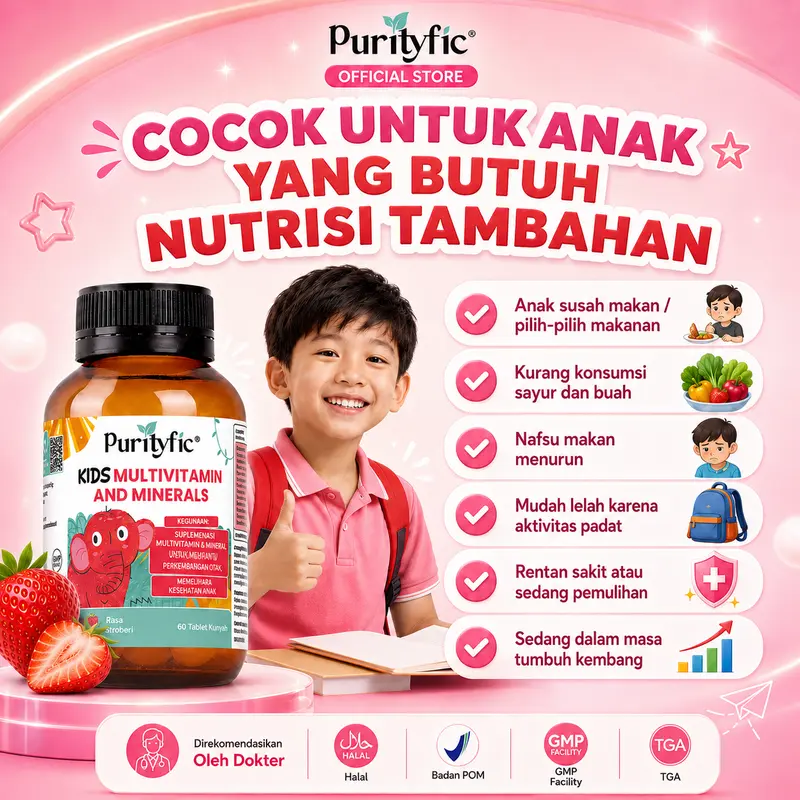 Purityfic Kids Multivitamin 12 Vitamin & 5 Mineral  - Vitamin Anak untuk Membantu Pertumbuhan & Perkembangan Anak dan Memelihara Kesehatan Anak | 60 Tablet Kunyah rasa Strawberry – Made in Australia