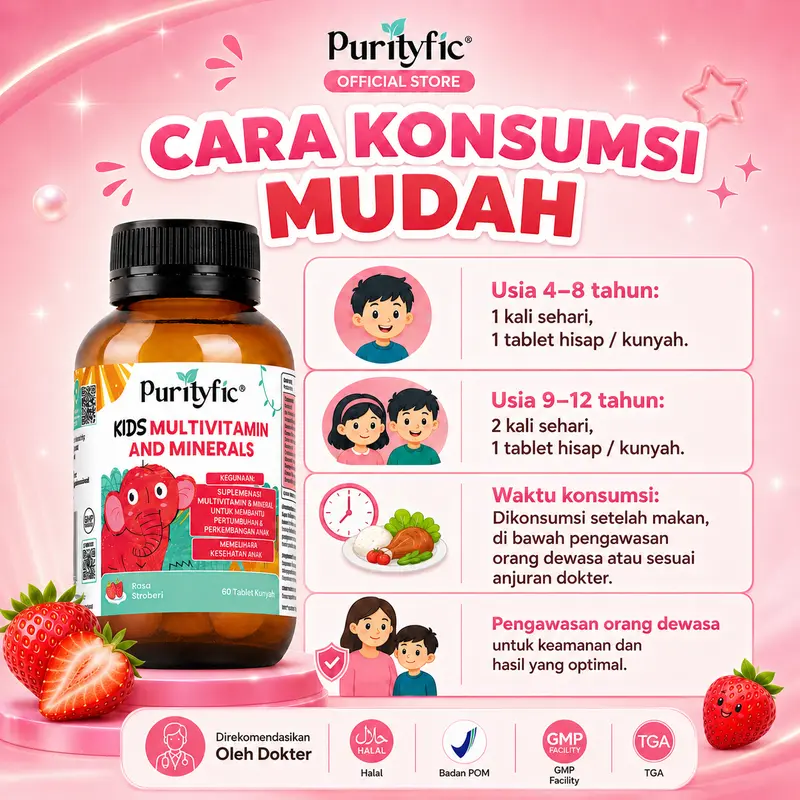 Purityfic Kids Multivitamin 12 Vitamin & 5 Mineral  - Vitamin Anak untuk Membantu Pertumbuhan & Perkembangan Anak dan Memelihara Kesehatan Anak | 60 Tablet Kunyah rasa Strawberry – Made in Australia