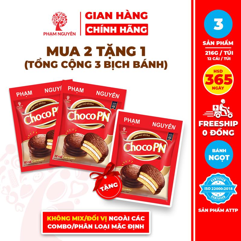   MUA 2 TẶNG 1  Tổng cộng 3 Bịch Bánh phủ socola Choco PN Phạm Nguyên - Thương Hiệu Việt 216g | Bánh ăn vặt Socola | Đồ ăn vặt | Snack Food | Thức Ăn Sô Cô La | Chocolate 