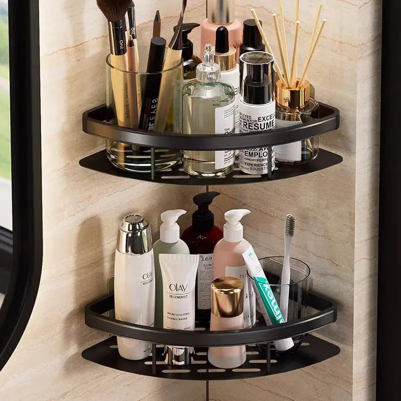 SUS 304 Rak Sudut Dinding Kamar Mandi  Rak Susun Tempel Dinding Rack Tempat Sabun Bumbu Hitam Tahan Air dan Tahan Karat