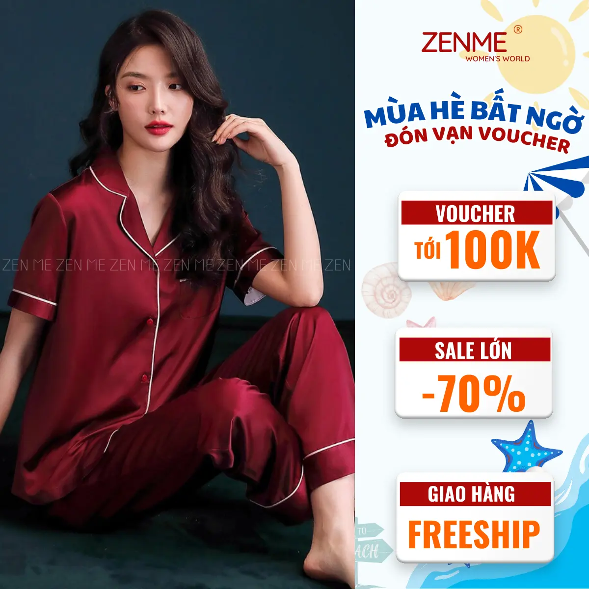 Đồ Bộ Nữ Phong Cách Pijama Chất Liệu Latin Cao Cấp Trơn Nữ Tính PJD0322, Zen Me Women's World Áo Cộc Quần Dài