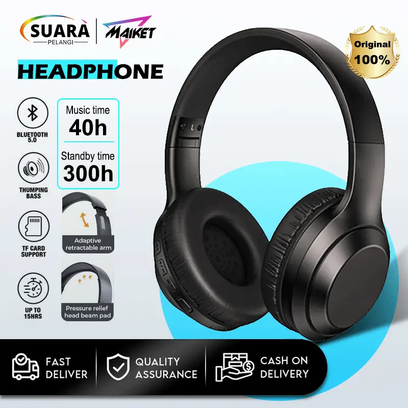 MAIKET Mic Headphone Bluetooth Wireless Komputer headset Earphone Bluetooth Hifi Sound hitam