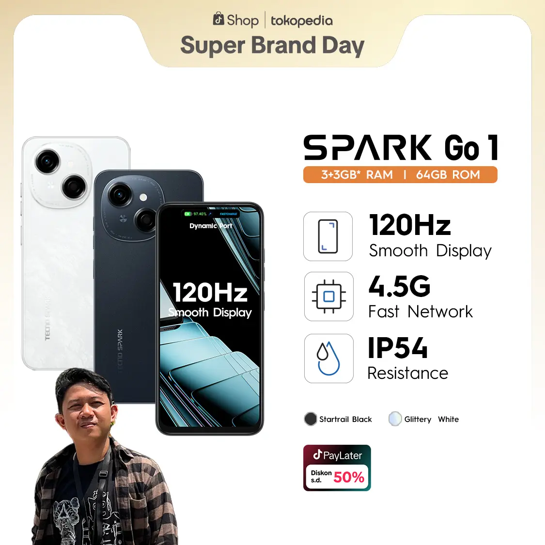 [Muchazir] TECNO SPARK Go 1 – 3+3GB*+64GB, 120Hz Display, T615+4.5G Network, 5000mAh+15W, IP54, Android 14, Garansi 12+1 Bulan