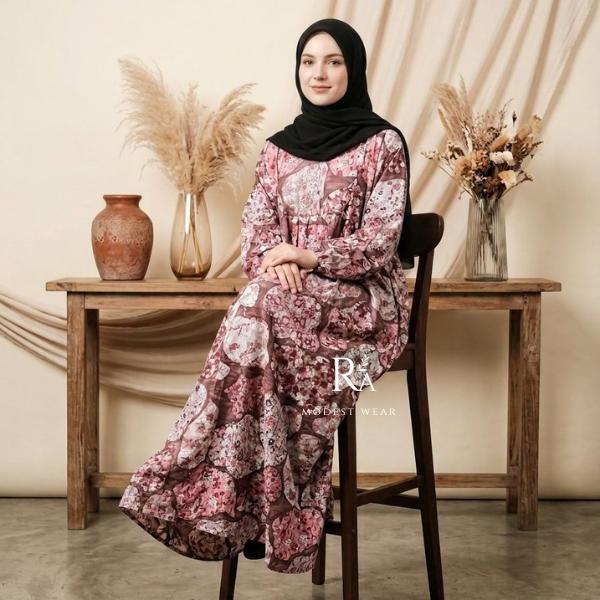 Gamis Wanita Dewasa Bahan katun Rayon Jumbo Motif Noella LD 130 Panjang 135 Dress Syari By Batik R.A Muslim Muslim Remaja Maxi