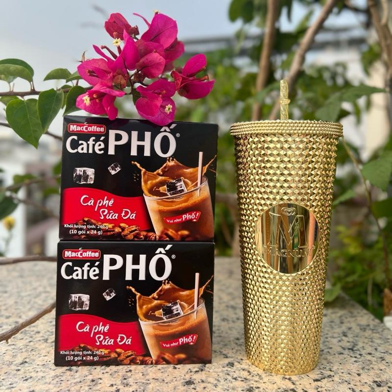 Combo 2 hộp Cà phê sữa đá MacCoffee Café Phố 240g tặng 1 ly kim cương cao cấp 700ml Cafe