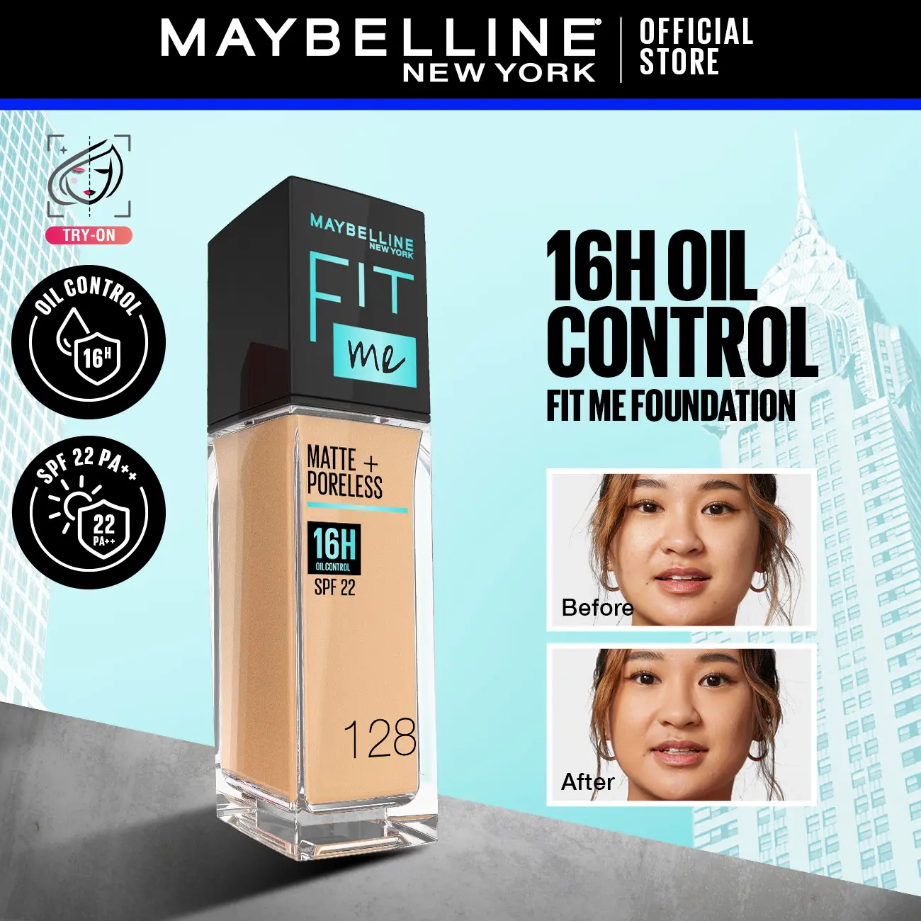 Maybelline Fit Me Matte  Poreless Liquid Foundation SPF 22 Suitable For Oily & Sensitive Skin, Non Comedogenic (30ml)