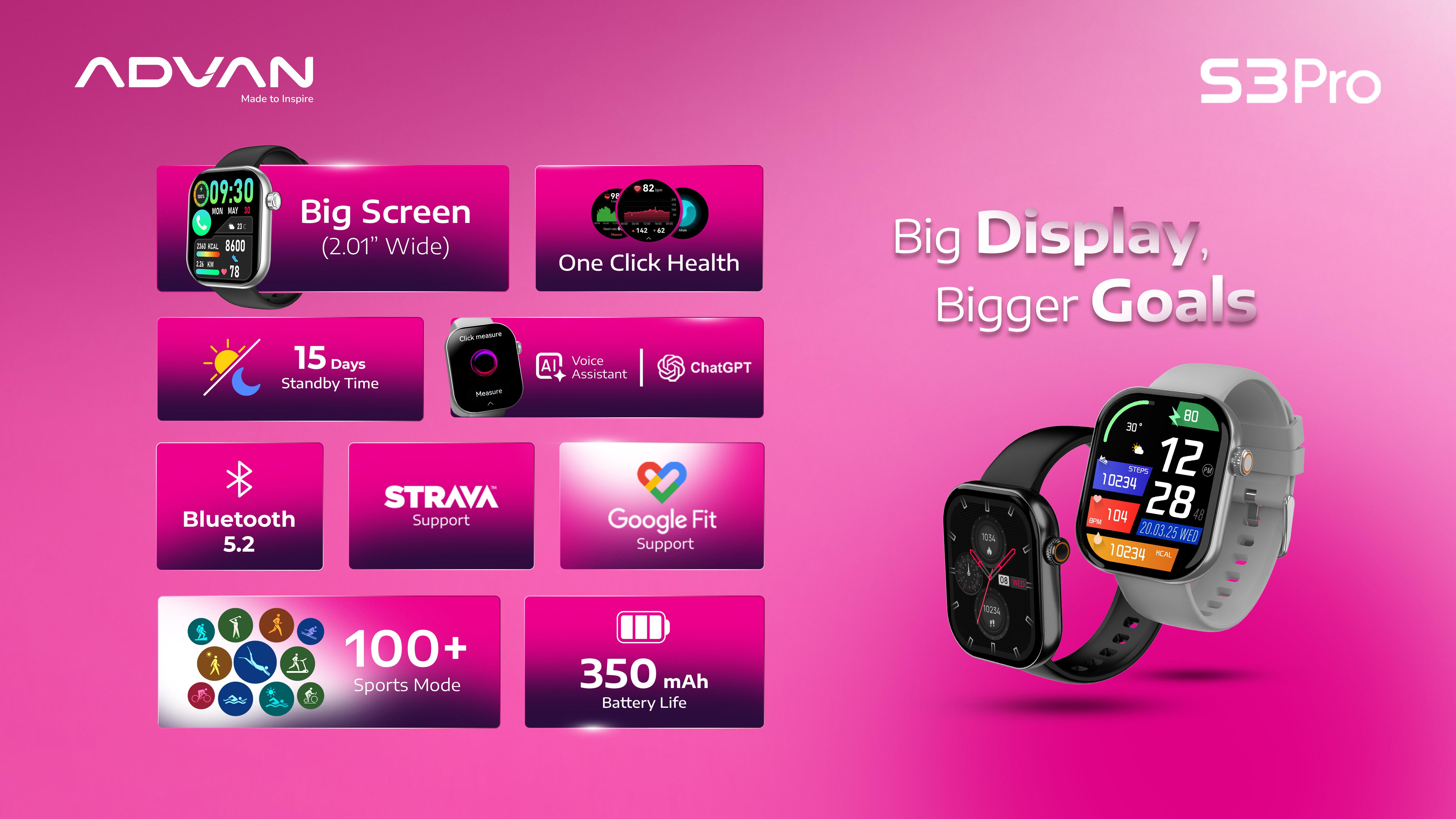 ADVAN Smartwatch S3 Pro 2.01” Metal Body 100+ Sports Modes Smart AI Assistant Wireless Bluetooth Call 5ATM Waterproof Support Strava One Click Health ADVAN Smartwatch S3 Pro 2.01” Metal Body 100+ Sports Modes Smart AI Assistant Wireless Bluetooth Call 5ATM Waterproof Support Strava One Click Health