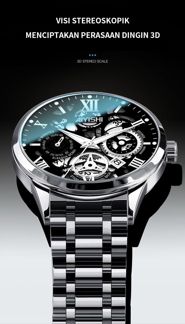 Jam Tangan Pria AIYISHI Tipe Olahraga Multi-Fungsi dengan Mesin Kuarsa Otomatis, Kaca Jam Warna Hitam, Bahan Stainless Steel, Tahan Air 30 Meter, Garansi 2 Tahun-1806